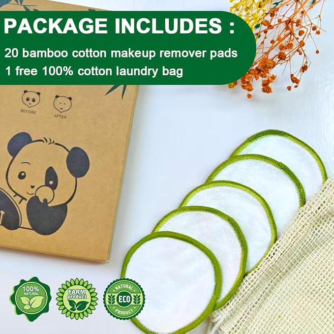 20 Pack Reusable Makeup Remover Pads with Laundry Bag, Environmentally Friendly and Suitable for All Skin Types, Washable Bamboo Cotton Rounds White