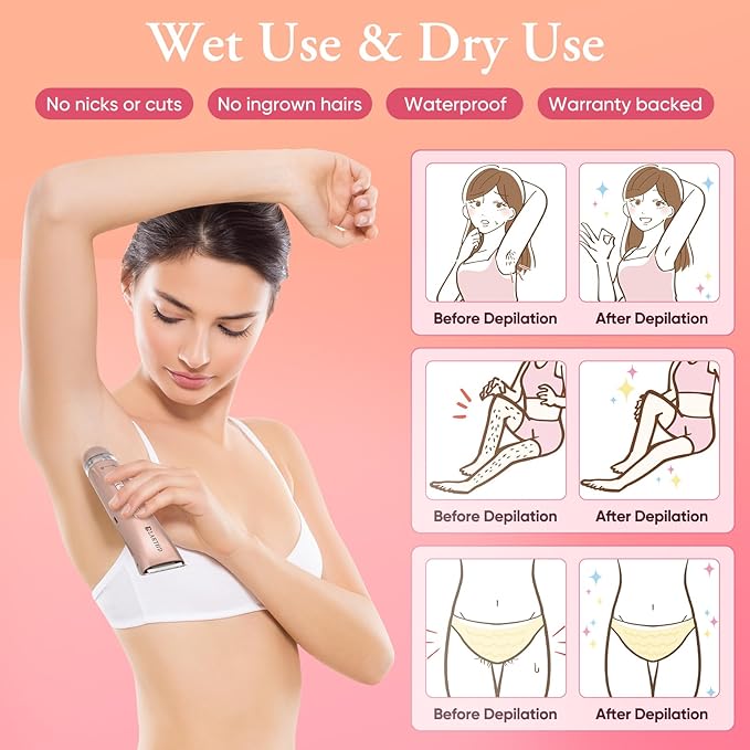 2 in 1 Women Electric Shaver Dual Head Bikini Trimmer for Women IPX7 Waterproof Wet & Dry Use Body Hair Trimmer and Facial Hair Remover for Bikini Underarm Leg Arm Body Face