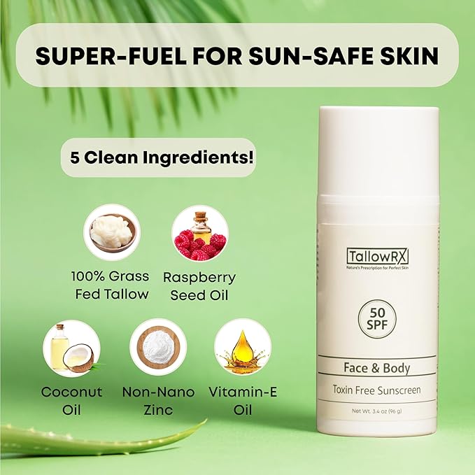 Tallow Sunscreen SPF 50 with Non Nano Zinc Oxide – Natural Mineral Sun Protection with Red Raspberry, Coconut Oil & Vit E – Reef Safe, Non Toxic & Moisturizing Sunblock for Face & Body – 3.4 oz