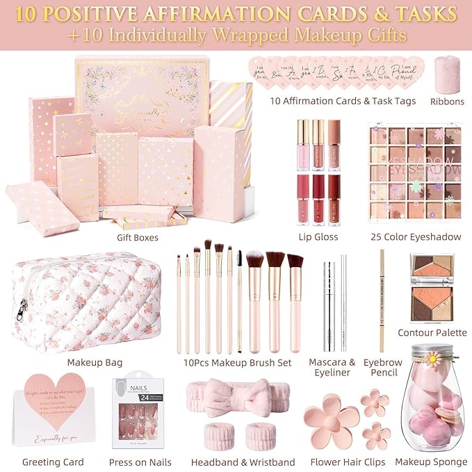 Teen Girl Gifts Trendy Stuff, 10 Positive Affirmation Cards & Empowering Challenges to Unlock 10 Wrapped Makeup Gift Set Motivational Birthday Christmas Gift Stocking Stuffers for Tween & Teenage Girl