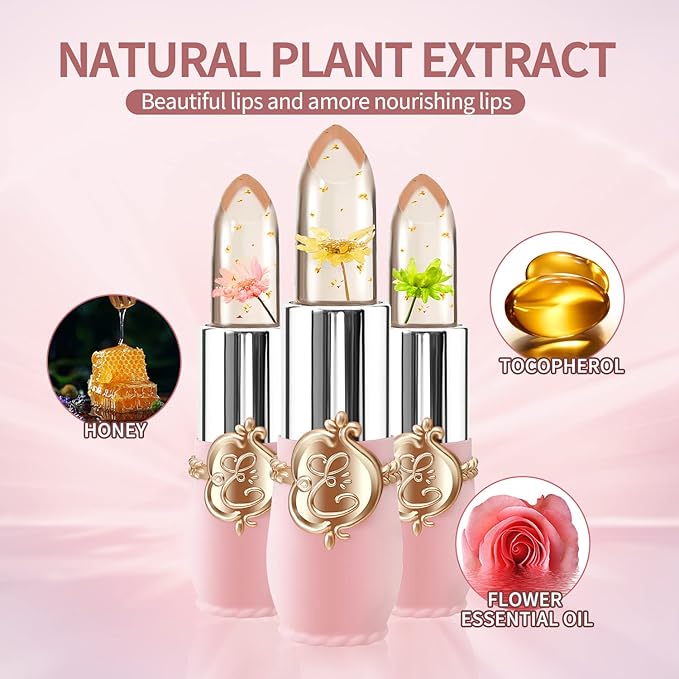 BestLand 3 Pcs/Set Flower Jelly Lipstick Set Temperature Change Moisturizer Long Lasting Nutritious Balm Magic Color Change Lip Gloss (Flower Jelly Lipstick 040506)