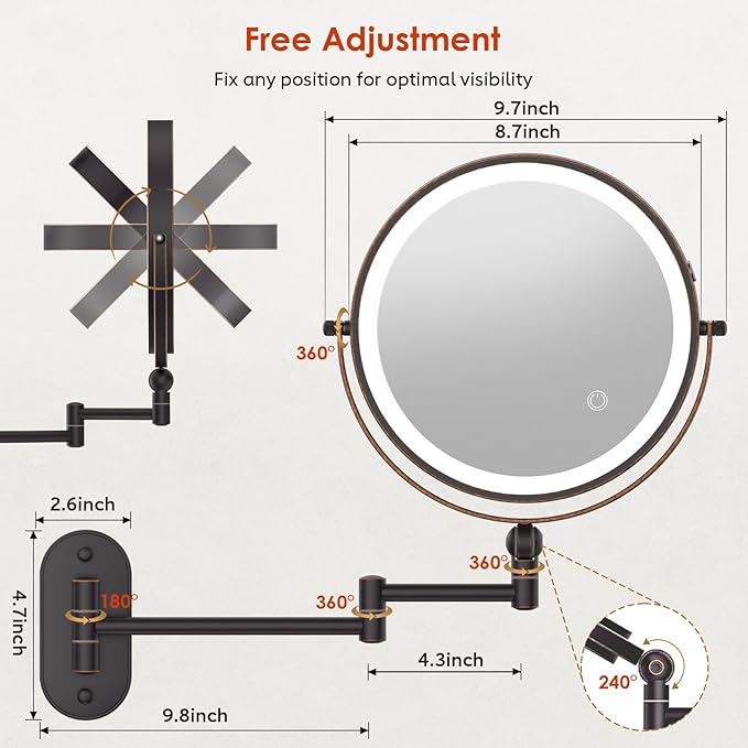 9" Wall Mounted Lighted Makeup Mirror,4000mAh Rechargeable Double Sided 1X/10X Magnifying Mirror with Light,3 Color Lights,Touch Dimmable,Extended Arm 360 Rotation Wall Mounted Makeup Mirror (Bronze)