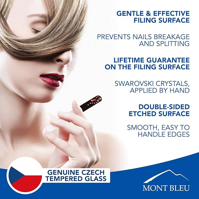 Mont Bleu Set of 2 Glass Nail Files Hand Decorated with Crystals - in Black Velvet Sleeve - Genuine Czech Tempered Glass - Birthday Gifts for Women - Crystal Nail Files for Natural Nails