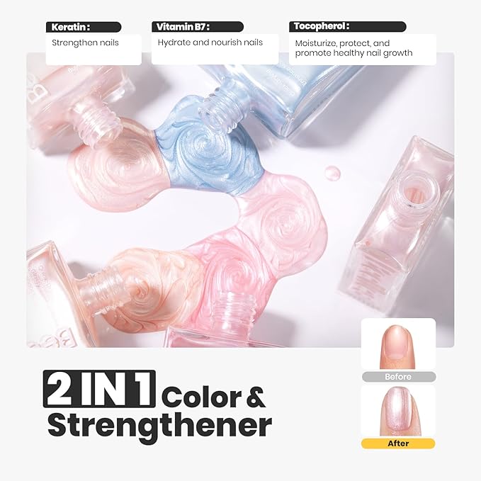 Beetles Pearl Nail Polish Set 7Pcs, Nude Pink Frosty Blue Beige Quick-drying Nail Polish Kit, with 2 IN 1 Base & Top Coat and Cuticle Serum 20ml All-in-One Care Nails Gift Sets
