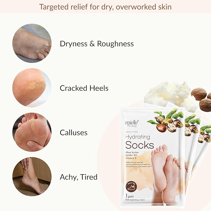 Epielle Hydrating Foot Mask 6 Pairs, Relieve and Soften with Shea Butter & Jojoba Oil, Deep Moisturizing Socks for Dry, Cracked Feet, Self Care Gifts for Women, Spa Kit, Stocking Stuffers