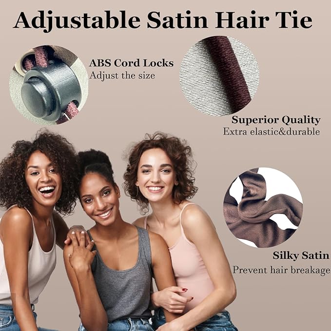 4 pcs Afro Puff Hair Tie Satin Hair Scrunchies, Black and Brown Adjustable Hair Ties, Adjustable Hair Ties for Thick Hair, Long Style No Slip Headband Afro Puff Hair Tie, Easy Use Hair Accessories