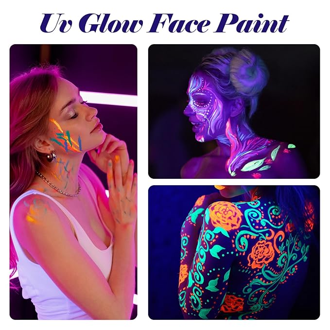 glow in the dark body face paint, 12pcs neon accessories for glow party supplies, UV Crayon Kit neon party decorations for Birthday Party Halloween Masquerade Makeup for Kids Adult