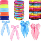 Hair Ties for women 5 styles Hair Elastics(15 No Damage Hair Ties 50 High Elastic Ties 15 Ponytail Holders 4 Bow Hair Clips 20 Snap Hair Clips) Pain-free No Crease multiple colors for all hair types