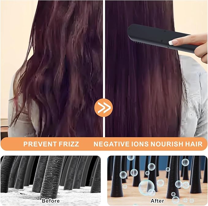 Hot Comb Electric, Cordless Hair Straightener Brush Travel, Mini Hair Brush, Heated Comb with 3 Temp Settings, Rechargeable Portable Hair Straightener for Women, Auto Shut-Off, Anti-Scald