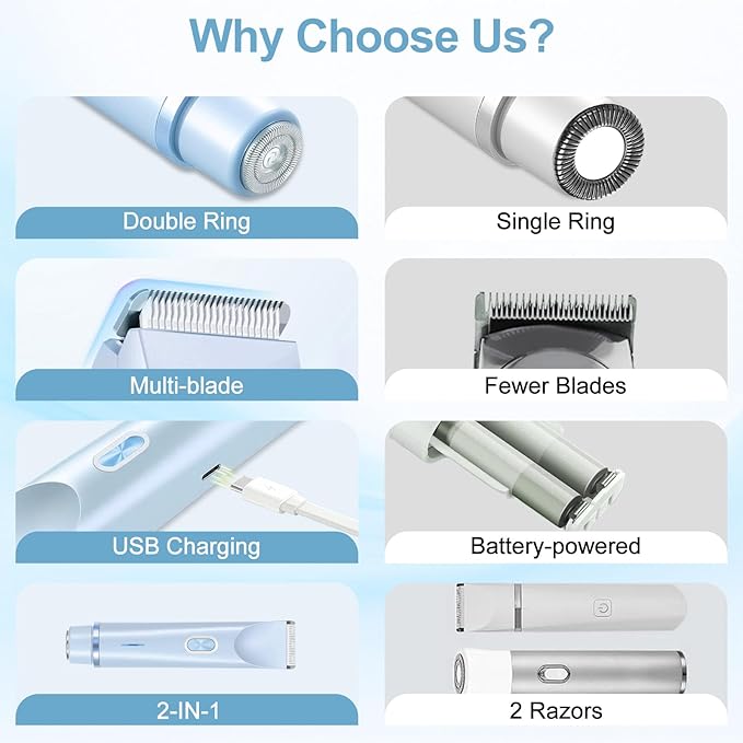 2025 New Bikini Trimmer for Women, 2 in 1 Dual Head Body Bikini Shaver, Ultra Low Silent, Painless & Cordless Hair Removal for Body , IPX7 Waterproof & Easy Cleaning for Shower & Travel (Blue)