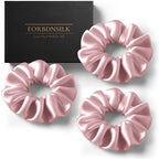100% Pure 22 Momme Mulberry Silk Scrunchies (Set of 3) | Highest grade (6A) Luxury Hair Ties| (Black,White,Pink) | (Pink, Standard)