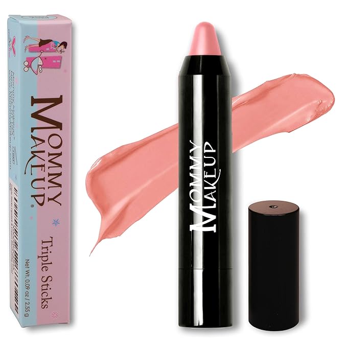 Mommy Makeup Triple Sticks Lipstick, Cream Blush & Treatment All-In-One with Shea & Cocoa Butter - Soft & Creamy Moisturizing Lip Crayon For Lips & Cheeks (Glinda)