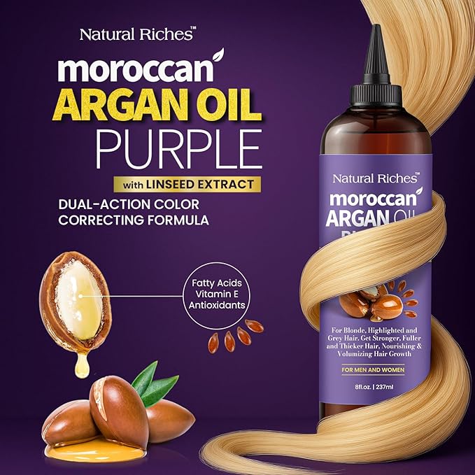 Natural Riches Purple Moroccan Argan Oil for Hair with Linseed Extract, Anti-Brass Formula for Blonde, Silver, Platinum & Grey Hair Neutralize Yellow Tone, Smooths Frizz & Restore Shine 8 fl oz