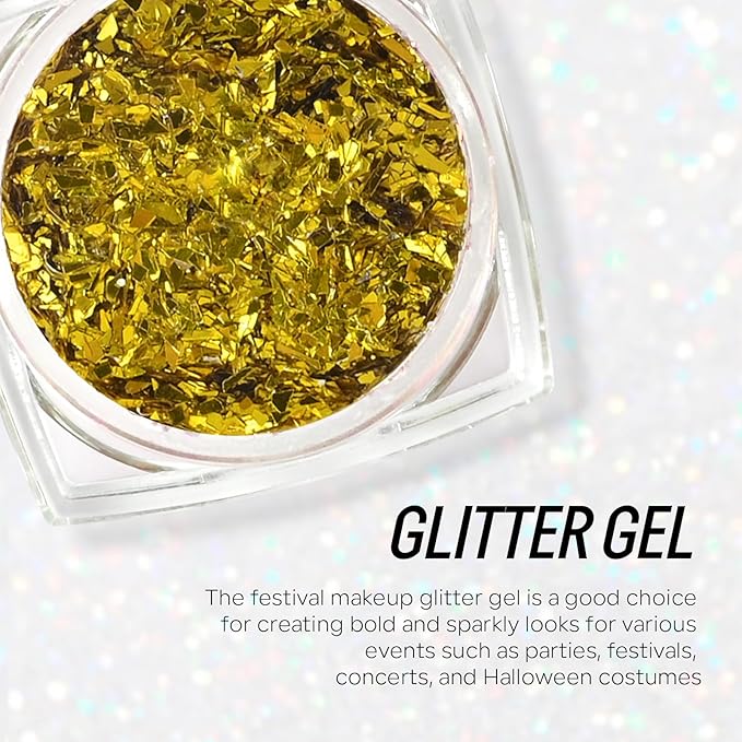 Gold Face and Body Glitter Gel, Party Concerts Cheer Face Paint Holographic Chunky Festival Rave Accessories Glitter Makeup Gel, 6 Kinds of Sparkling Sequins for Hair Nail Eye Lip Body
