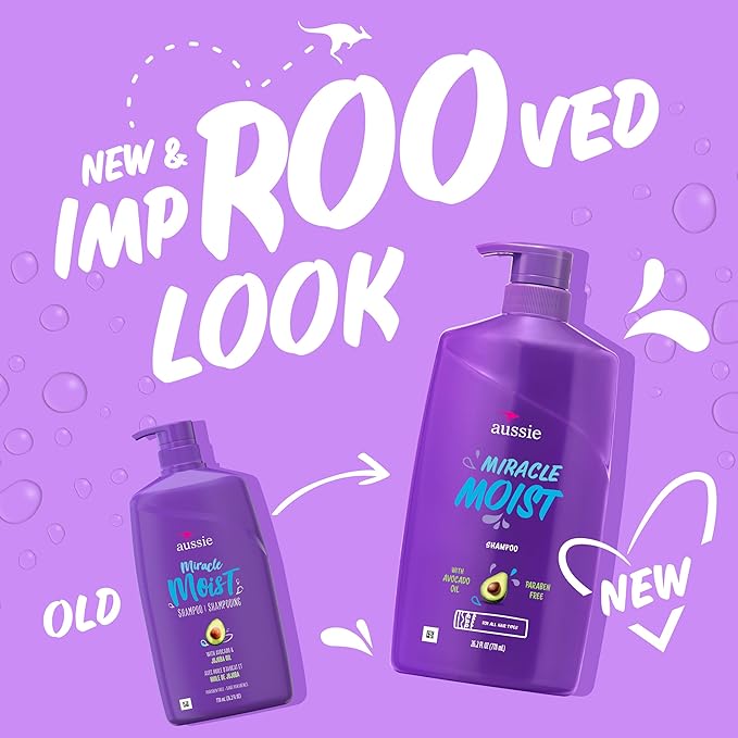 Aussie Miracle Moist Shampoo for All Hair Types - Dry, Curly, Coily, Wavy, Straight - Paraben-Free, Moisturizing, Gentle Cleansing with Avocado & Jojoba Seed Oil, 26.2 Fl Oz