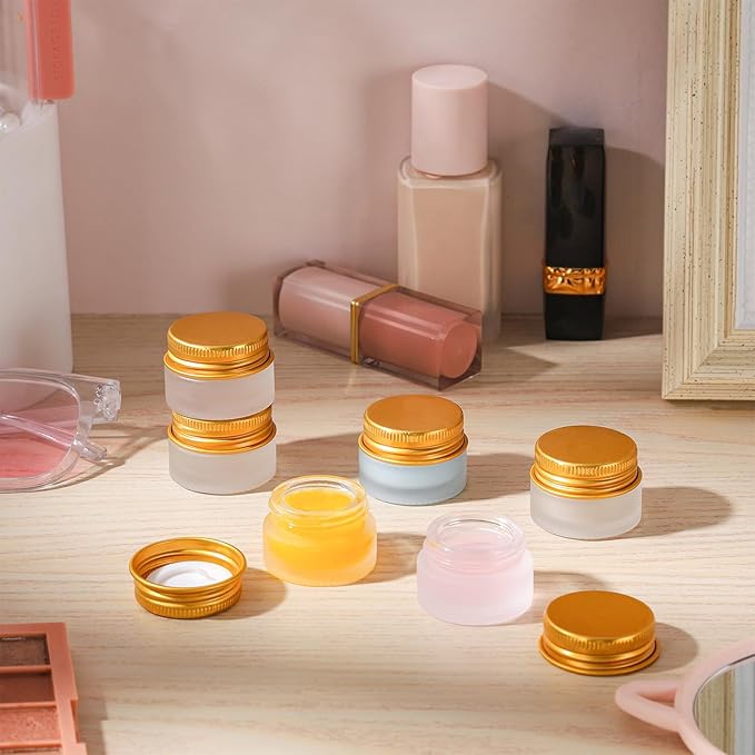 24 pack 5ml Frosted Glass Jars with Unbreak Metal Gold Lids Small Empty Travel Lotion Containers with Inner Liner Airtight Cosmetic Holder with Labels for Lip Balm Creams Body Butter