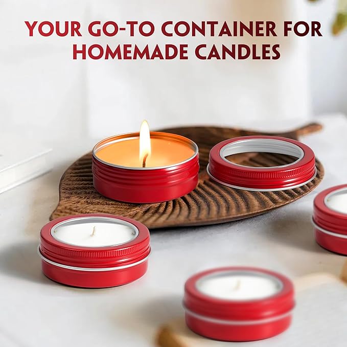 24 Pack 2 Ounce Screw Top Aluminum Tin Jar with Screw Clear Lid and Blank Labels, Refillable 60ml Metal Containers for Lip Balms, Candles, Salves, Spices, Crafts (Red)