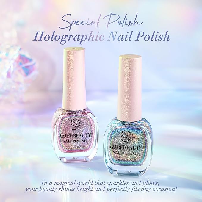 AZUREBEAUTY Holographic Nail Polish no Gel Fast Drying Pink Silver 2 Colors Natural Nail Lacquer High Shine DIY Salon Home Women Gifts 2Pcs 0.34oz
