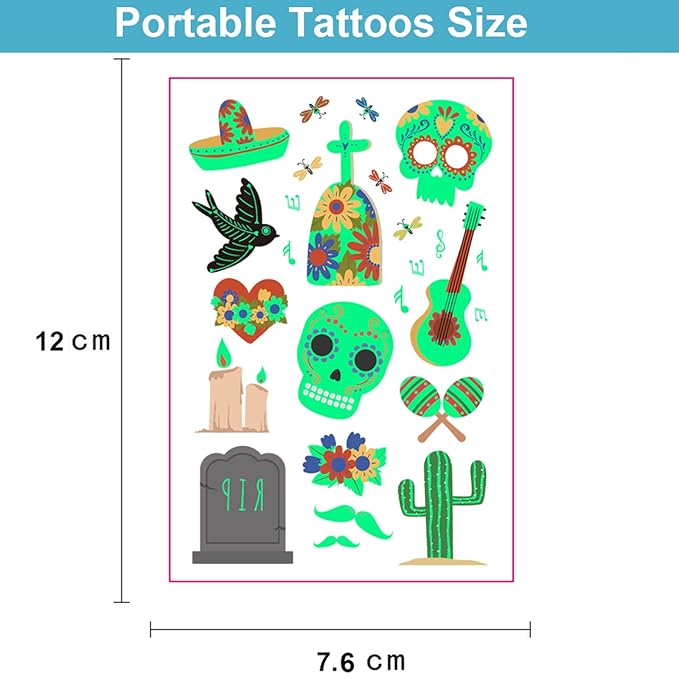 Day of the Dead Luminous Halloween Temporary Tattoo, 125PCS Waterproof Fake Face Tattoos, Body Stickers Decorations Glow in the Dark, Makeup Party Favors Supplies Decor