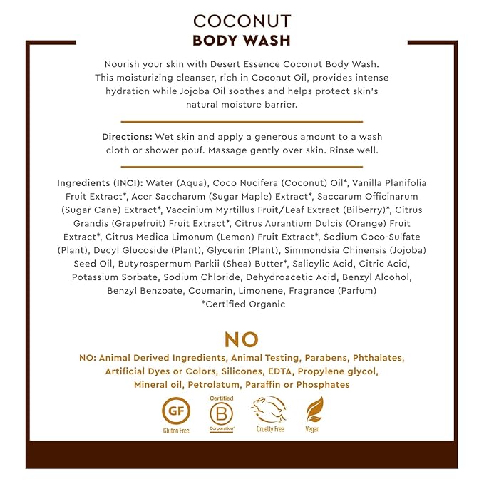 Desert Essence Coconut Body Wash - Nourishing Body Wash with Jojoba Oil, Organic Coconut Oil, Shea Butter - Vegan, Cruelty-Free, Gluten-Free - Hydrating Natural Body Wash for Smooth Skin Care - 8 oz