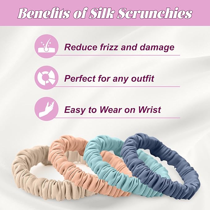 4Pcs Mulberry Silk Scrunchies & Hair Ties - No Crease Skinny Scrunchies Elastic Set for Women All Hair Types, Reduces Breakage (Coastal Tones)