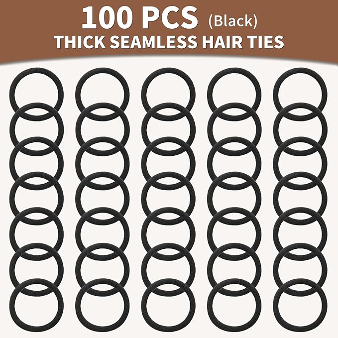 Hair Ties Black 100Count Extra Thick 5CM, Bulk Elastic Hair Bands for Thick Heavy Hair, Seamless Hair Accessories for Girls Women, Ponytail Holder (Black)