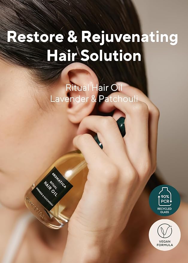 AROMATICA Ritual Lavender & Patchouli Hair Oil - Adds Shine and Smooths Split Ends - Blow Out Hair Serum for Damaged & Frizzy Hair - Nourishing for Dry Curly Hair - Silicone-Free (1.6 fl oz)