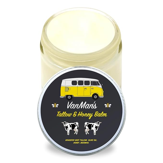 Vanman's Tallow and Honey Balm With No Added Scent - Beef Tallow Face Moisturizer with Grass-Fed/Finished Beef Tallow for Skin, Organic Raw Honey and Beeswax, Cold Pressed Olive Oil - 2 oz
