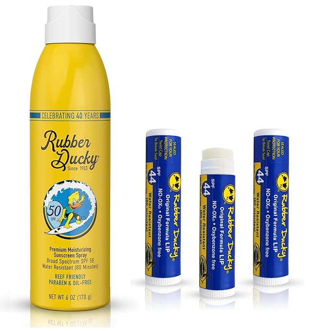 Rubber Ducky SPF 50 Sunscreen Spray 6oz + SPF 44 Lip Balm Vanilla 3 Pack