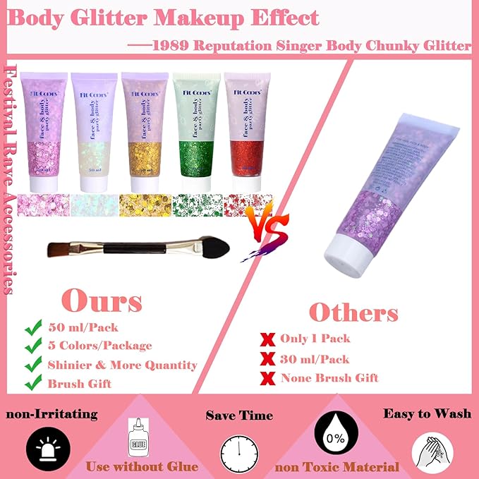 Body Glitter Face Glitter Gel: Singer Concerts Disco Festival Rave Accessories Face Glitter Makeup 250ml Chunky Sequins Mermaid Face Body Hair Glitter Gel (White&Pink&Gold&Green&Red)