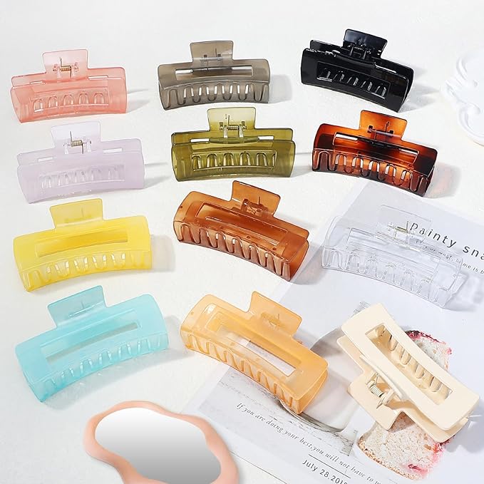 12 Pack Large Square Hair Claw Clips for Women and Girls, 4.1 x 2.1 x 1.2 inch, 12 Rubber Paint and Plastic Materials, Non-Slip Jumbo Jaw Design - Jelly