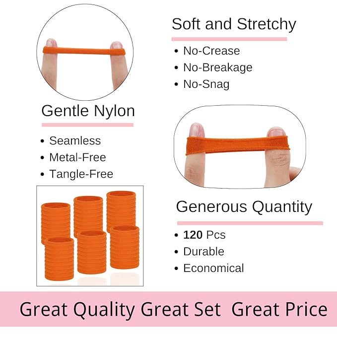 LuSeren 120 Pcs Orange Hair Ties for Women, No Damage Soft Seamless Nylon Hair Elastics for Thick Hair, Ponytail Holders, Solid Orange Hair Accessories