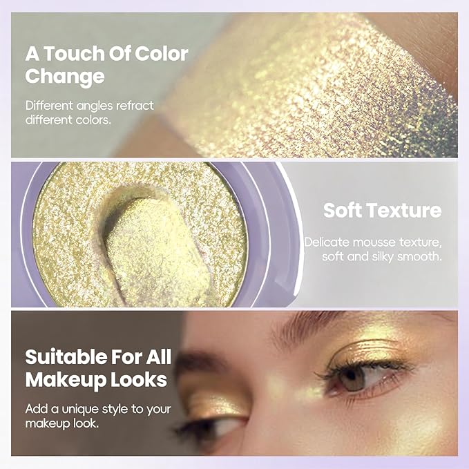 Holographic Champagne Gold Glitter Eyeshadow, Multichrome Shimmer Color Shifting Single Eyeshadow, Chameleon Metallic Iridescent Eye Shadow Palette Bouncy Texture Fairy Highlighter Makeup #4