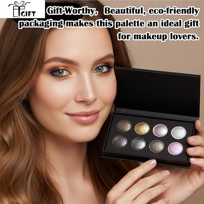 UCANBE 8 Color High-Intensity Baked Shimmer Eyeshadow Palette - Metallic Diamond-Like Shimmer, Highly Pigmented, Smooth & Blendable Formula for Dramatic & Radiant Eye Makeup (03 All Metallic)