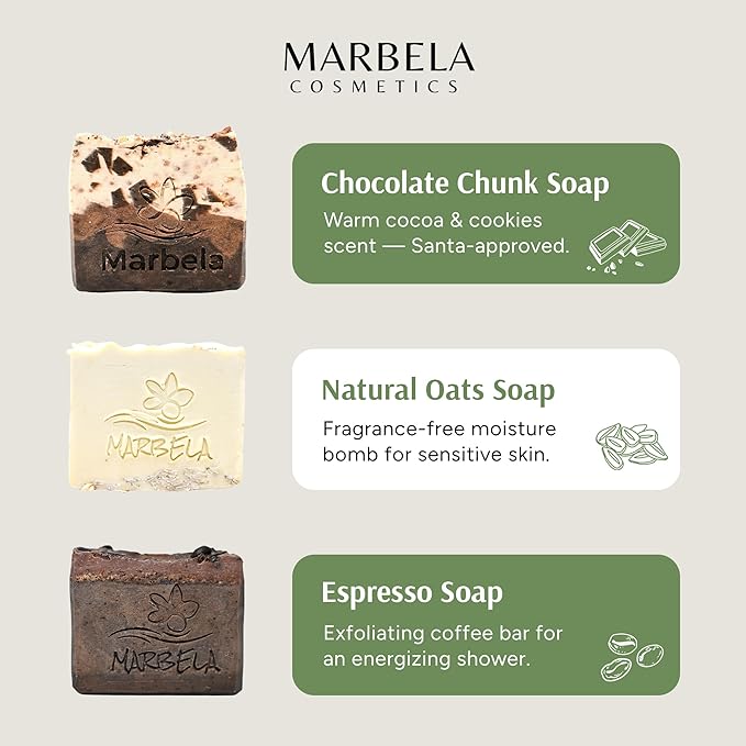 Marbela Cosmetics Santa's Cookies Gift Box - Chocolate Chunk, Natural Oats & Espresso Handmade Soaps