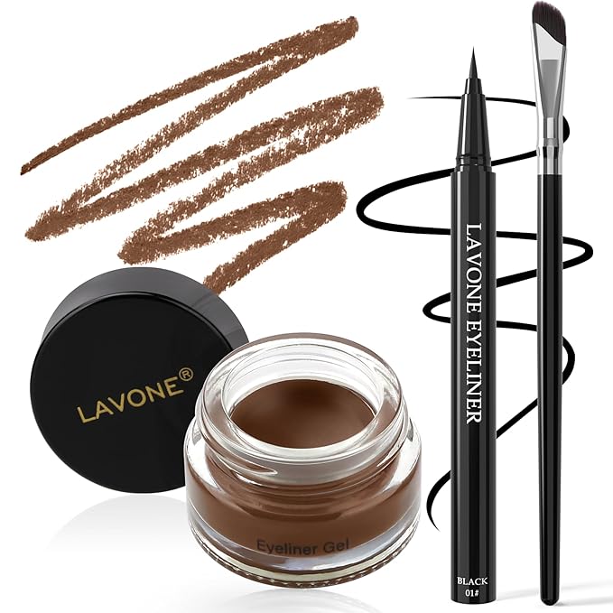 LAVONE Eyeliner Set - Waterproof Makeup Kit with Liquid Eye Liner Pencil, Gel Eyeliner and Angled Eye Liner Brush, Waterproof, Smudge Resistant, Long Lasting Formula - Light Brown