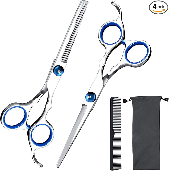 Hair Cutting Scissors Shears Set, ekuci Professional Home Haircutting Scissors Thinning Shears Kit with Free Comb and Storage Bag for Men Women Home Salon Barber Cut Kit (Silver)
