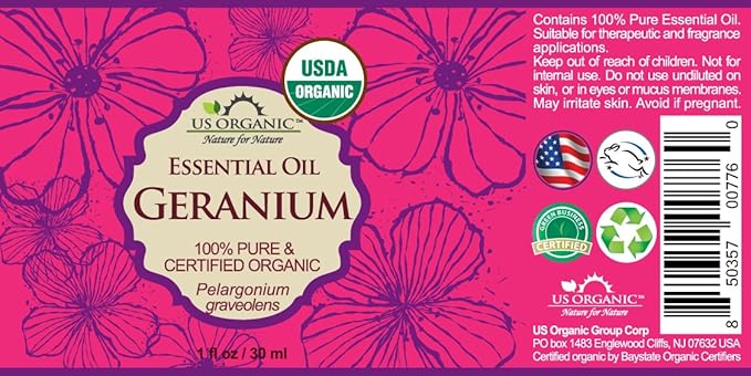 US Organic 100% Pure Geranium Essential Oil - USDA Certified Organic, Steam Distilled - W/Euro droppers (More Size Variations Available) (30 ml / 1 fl oz)
