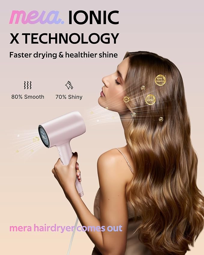 Professional Hair Dryer with Diffuser (Mera ProMax Ionic-X) - Fast Drying, Anti-Static Blowdryer Full Tool Set for Women & Stylists, 1-Button Cooling Mode, cUL Certified, Self-Cleaning, LED Screen