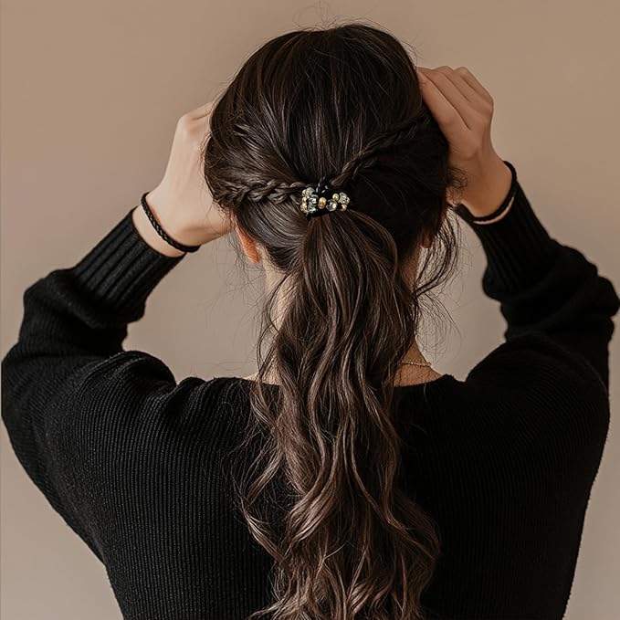 10pcs Brown Hair Ties with Gold & Crystal Beads, Thin Elastic Ponytail Holders for Women, No Damage, Stylish Hair Accessories