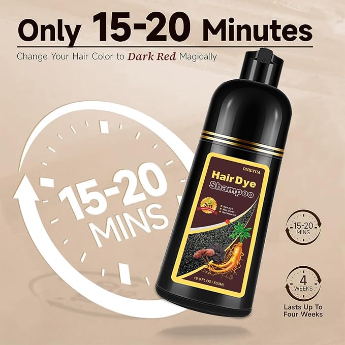 Dark Wine Red Hair Dye Shampoo, 100% Gray Hair Coverage for Men & Women, Instant and Long-lasting Hair Color Shampoo in Minutes, 3 in 1 Pure Plant Extract Natural Hair Dye Kit for All Hair Types