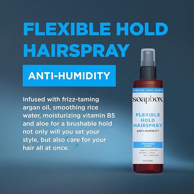 Soapbox Non Aerosol Hairspray - Flexible Hold Hairspray - Scented Anti Frizz Hair Spray with B5 & Aloe Vera - Light Soft Hold, Adds Shine, Non-Aerosol - 8oz