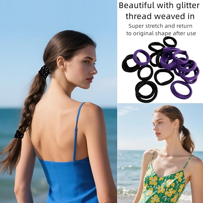 Large Stretch Thick Hair Ties for All Hair Types Seamless Glitter Hair Ponies Elastics Ponytail Holders Hair Scrunchies for Thick Hair Hair Accessories Women Girls 20-Pack