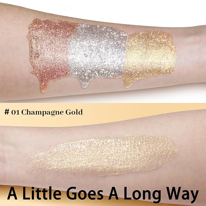 UCANBE Hydrating Body Shimmer Face Glitter Highlighter Makeup Liquid Glow Lotion for Women Holographic Luminizer for Hair for Valentine's Day Gifts (Champagne Gold - 01)