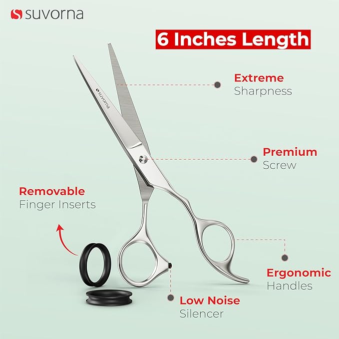 Suvorna Professional Hair Cutting Scissors - 6" Stainless Steel Barber Shears for Hair Cutting and Trimming - Razor Sharp Haircut Scissors for Hairdressers & Barbers - Hair Shears for Women and Men