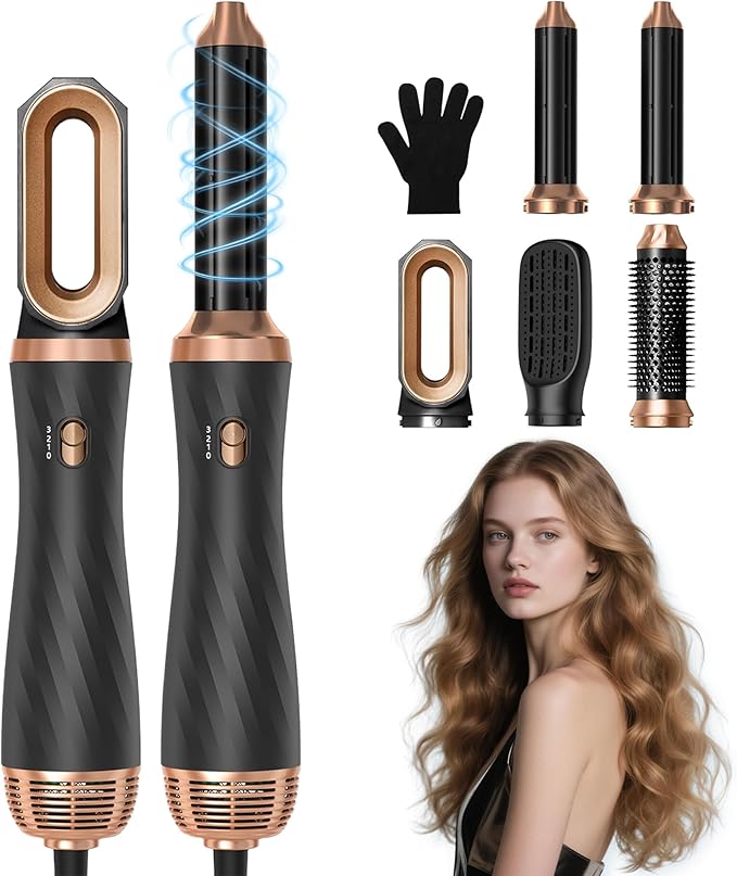 5 in 1 Hair Dryer Brush -Ionic Auto Wrap Curler & Straightener with 3 Heat Settings, Magic Hair Styler Salon-Grade Results for Women, Travel-Friendly Styler with ALCI Plug (Black)
