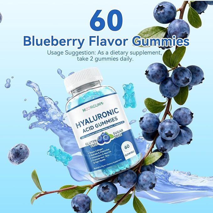 1000mg Hyaluronic Acid & Collagen Peptide Supplements with Biotin, Vitamins C & E - Hair Skin Nails Joints Health Support for Men & Women, Hair Growth, Blueberry Flavor, Gluten-Free 120 Gummies