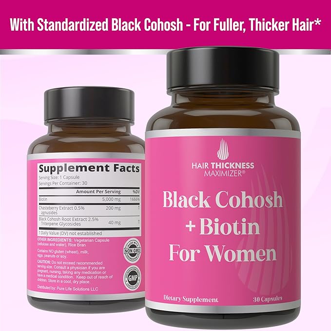Black Cohosh + Biotin - Menopausal Hair Growth Supplement for Women. Menopause & Postmenopause Vitamins for Fuller Hair, Less Thinning, Hot Flashes. Black Cohosh, Biotin, & Chasteberry. Clean & Vegan