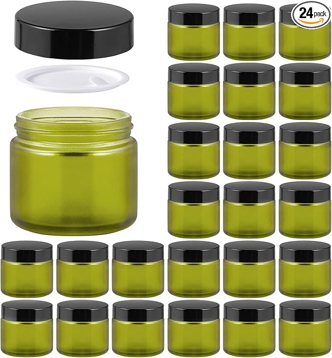 2oz Jars with Lids, HOA Kinh 24 Pack Green Frosted Glass Jars with Lids Empty Cosmetic Containers Round Airtight Glass Jar with Black Lids for Storing Lotions Powders Ointments