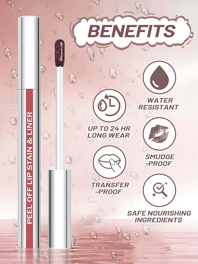 Lip Stain Peel Off Lip Liner Stain with Tweezer, Long Lasting Matte Lip Tint Tattoo, Highly Pigmented Color Lip Makeup, Waterproof Lipstick, Transfer-proof Lipstain for Women, Warm Rose
